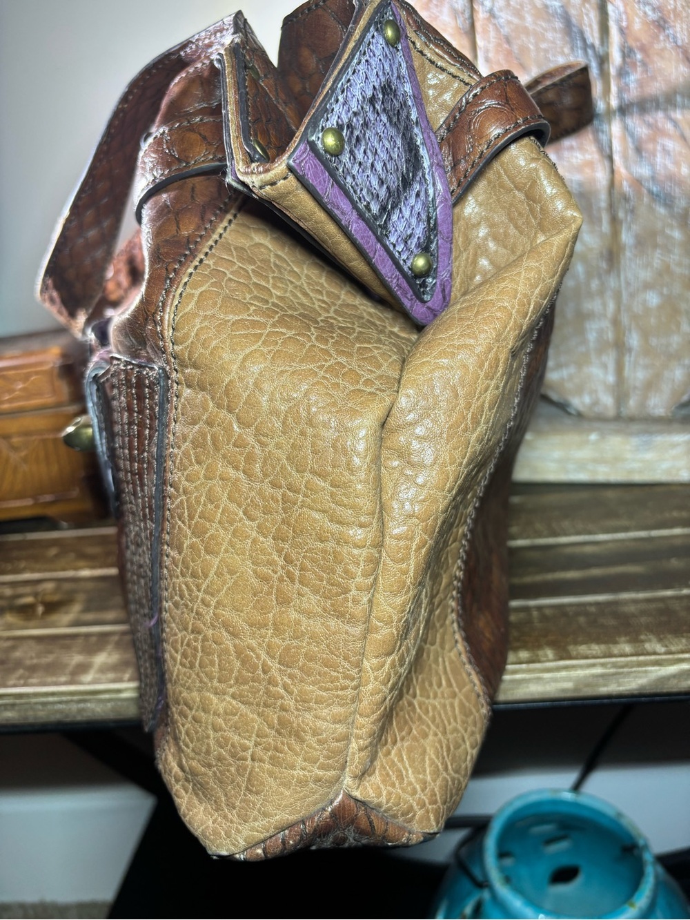 Jessica Simpson Reptilian Brown Textured Faux Leather Satchel Handbag Vegan Bag - Picture 5 of 15